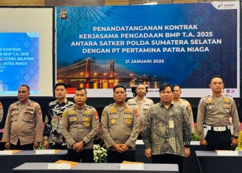 Dukung Operasional, Kepala Biro Logisitik Polda Sumsel dan PT Pertamina Patra Niaga Tandatangani Kontrak Kerjasama Pengadaan BMP