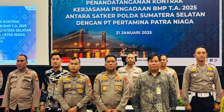 Dukung Operasional, Kepala Biro Logisitik Polda Sumsel dan PT Pertamina Patra Niaga Tandatangani Kontrak Kerjasama Pengadaan BMP