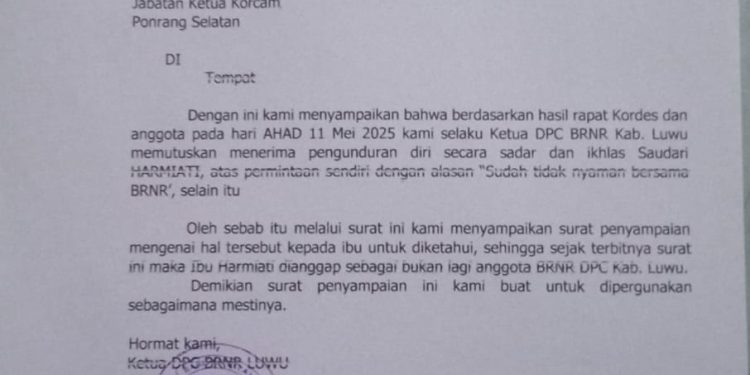 Mantan ketua pengurus BRNR PAC Ponrang Selatan bersih keras menolak surat permintaan pengunduran dirinya