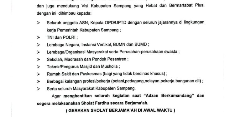 SE Bupati Sampang: Menghentikan Aktivitas Saat Adzan, Menghidupkan Kembali Ruh Kebersamaan Umat